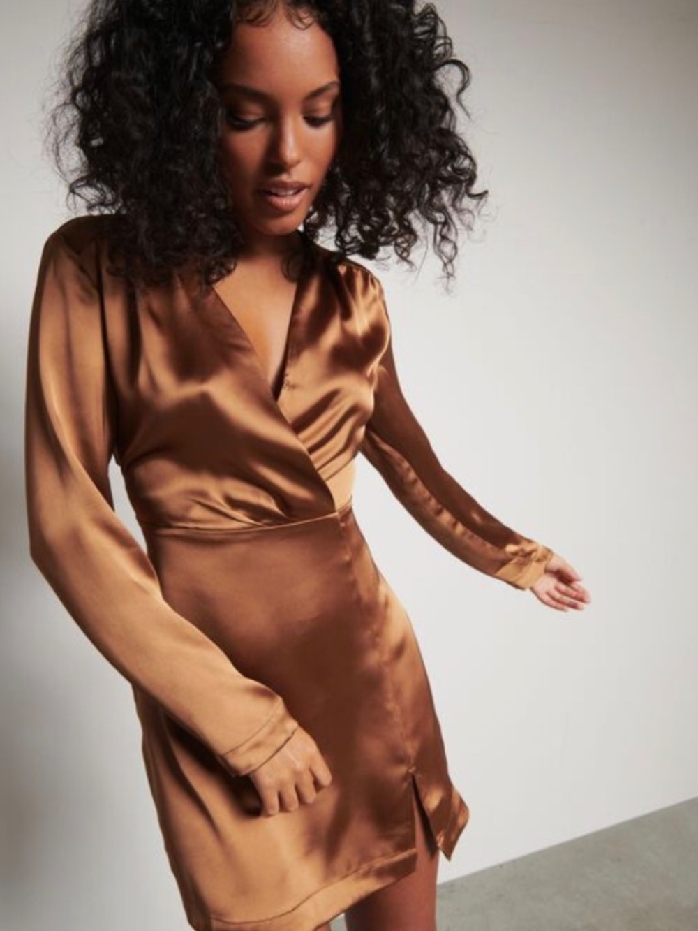 Dynamite Satin Long Sleeve Dress Bronze XXS